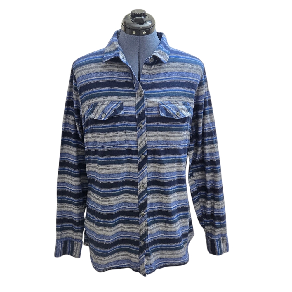 Eddie Bauer blue grey striped button down lightweight flannel shirt Large